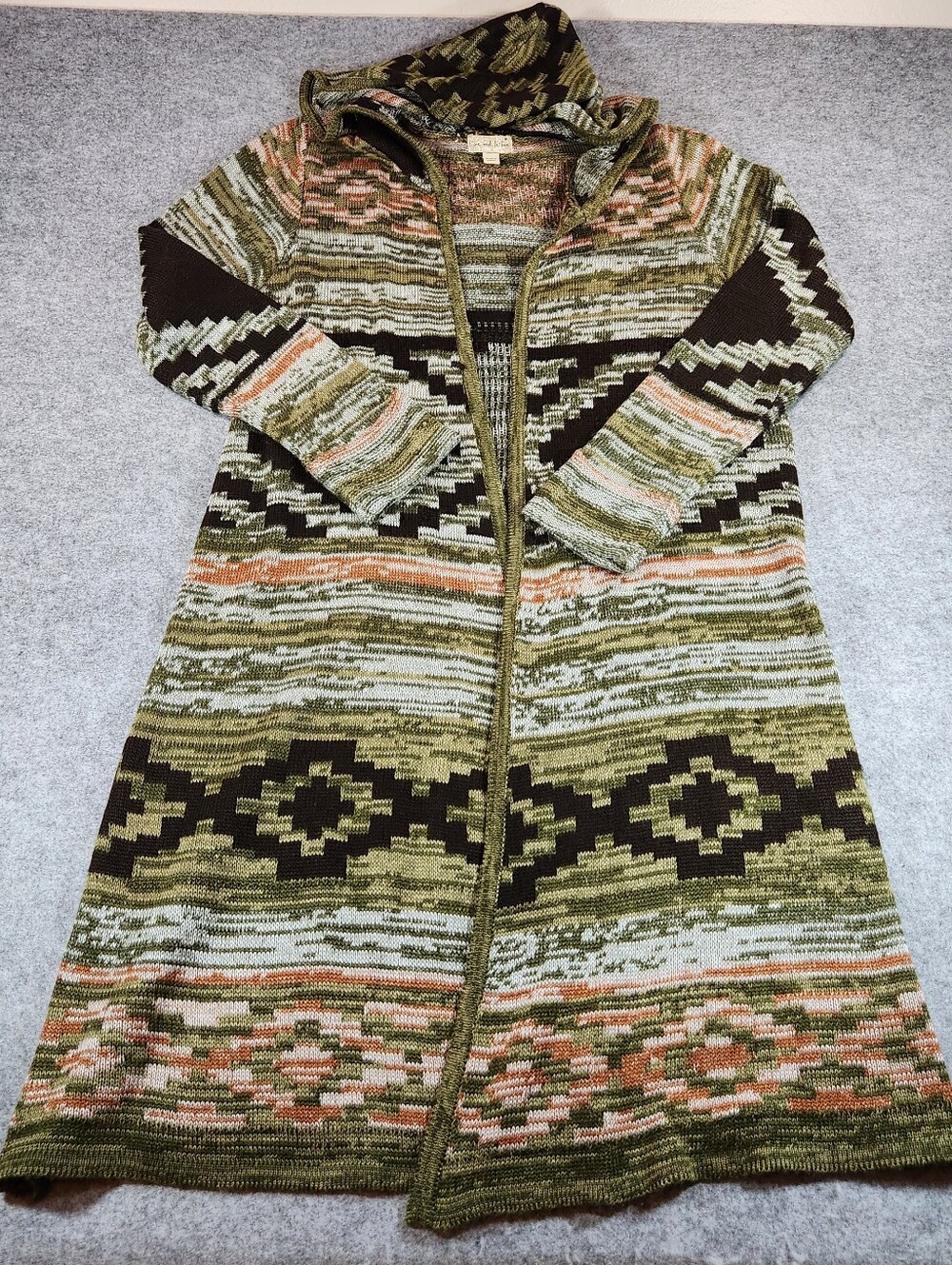 Long Hooded Knit Cardigan Jacket in Olive Green & Peach